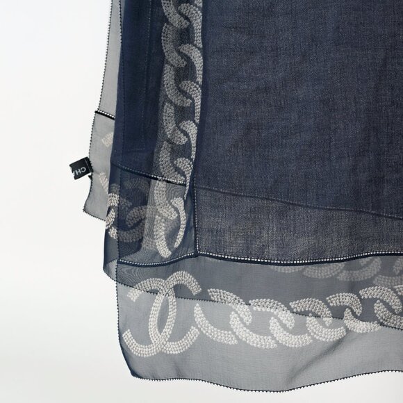 Chanel Navy Gauze & Chiffon CC Chainlink-Border Scarf - Picture 2 of 4